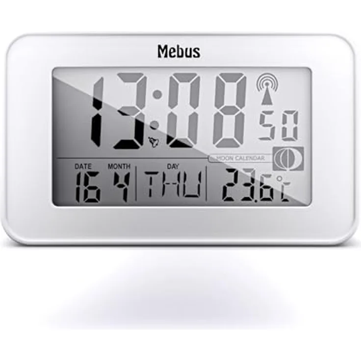 Mebus digitaler Funk-Wecker Modell 51461, Weiß mit Mondkalender, Innenthermometer, 2 Weckzeiten, Schlummer-Funktion und Hintergrundbeleuchtung