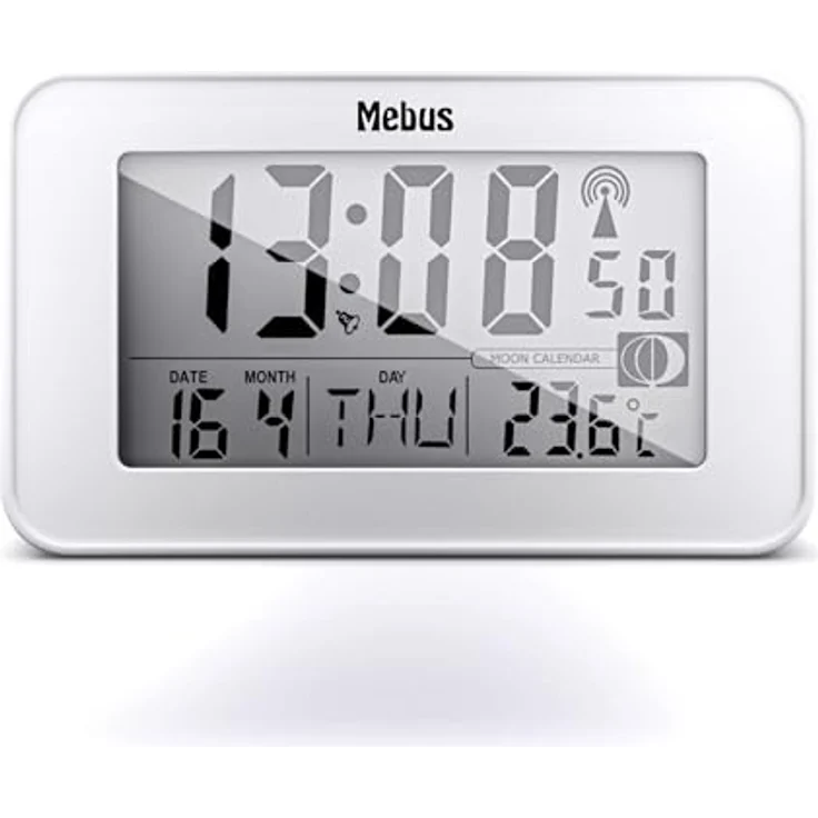 Mebus digitaler Funk-Wecker Modell 51461, Weiß mit Mondkalender, Innenthermometer, 2 Weckzeiten, Schlummer-Funktion und Hintergrundbeleuchtung – Bild 1