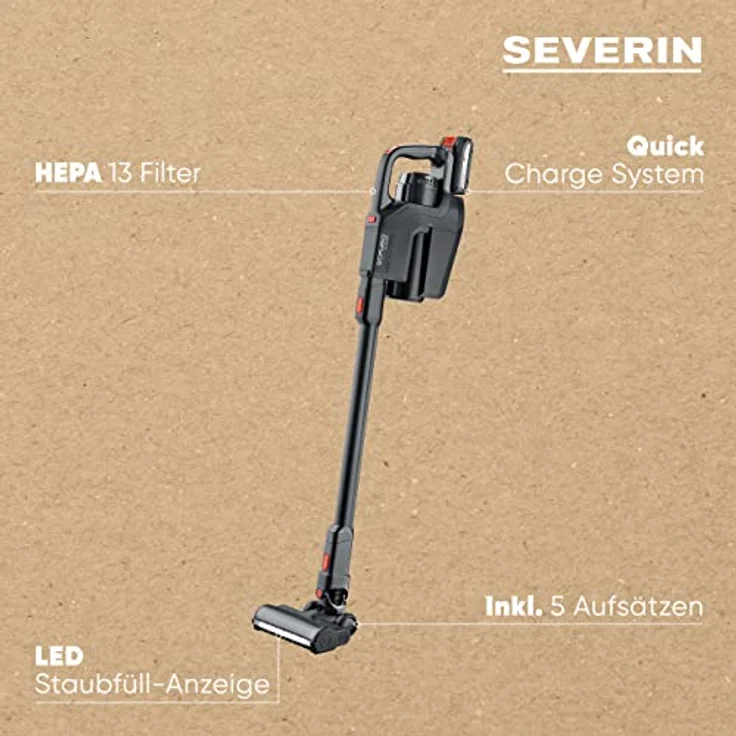 Severin HV 7187 Sepuro Pro Handstaubsauger, 60 min Akkubetrieb, mit Beutel, HEPA-Filter, anthrazit-rot – Bild 4