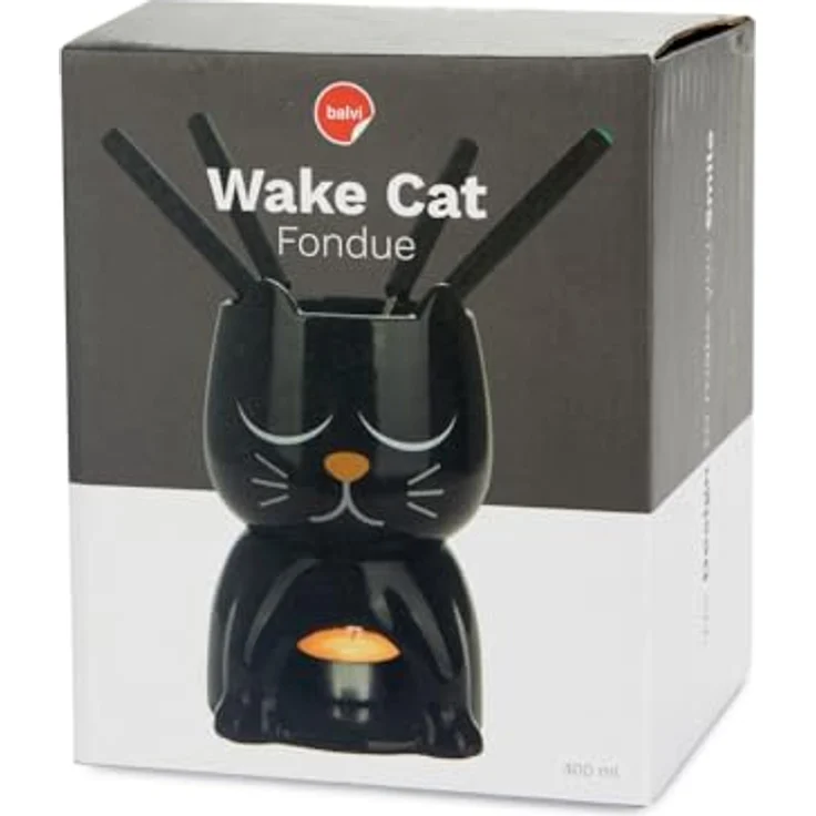 Balvi Schokoladenfondue-Set WAKE CAT, Fondue Set in Schwarz mit originellem Katzendesign, inklusive 4 Gabeln und Teelicht, Keramik, Maße: 10,5 x 10,5 x 16 cm – Bild 2