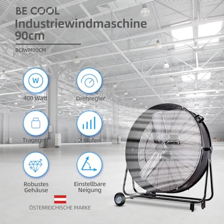 Be Cool BCIWM90CM Bodenventilator 90cm, 400W Industrie-Windmaschine mit 2 Geschwindigkeitsstufen, Schwarz – Bild 2