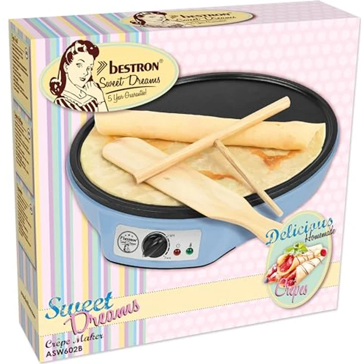Bestron Crêpes Maker im Retro Design, für Crepes mit Ø 30 cm, inkl. Teigverteiler & Crêpes-Wender, mit Antihaftbeschichtung, 1000 Watt, Farbe: Blau – Bild 2