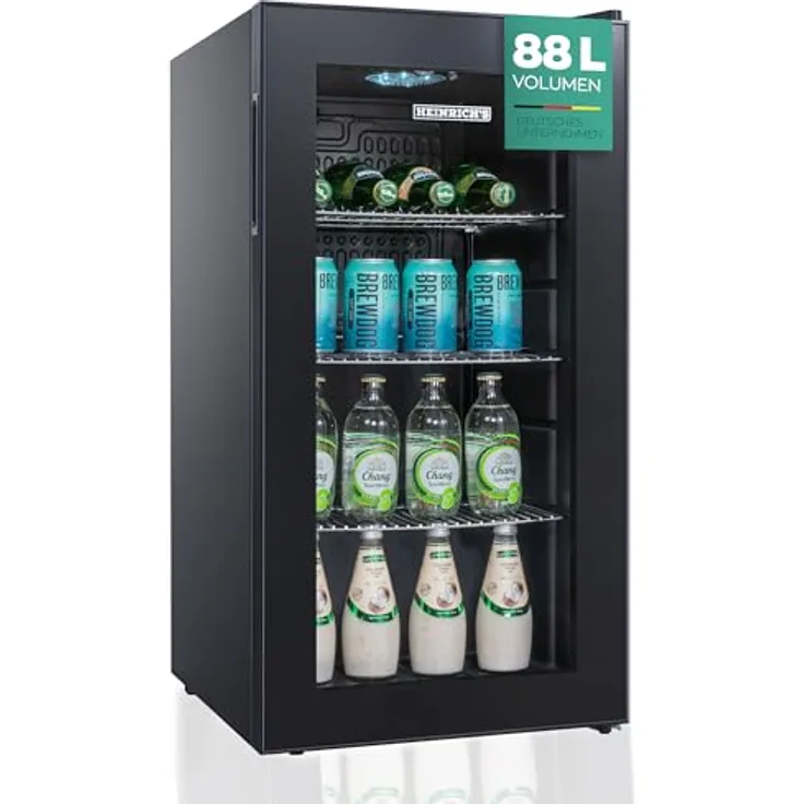 Heinrich´s HEINRICHS Mini Getränkekühlschrank, Glastür, 88 Liter, 4-18°C, 40dB, LED-Beleuchtung, schwarz, ideal für Büro und Camping