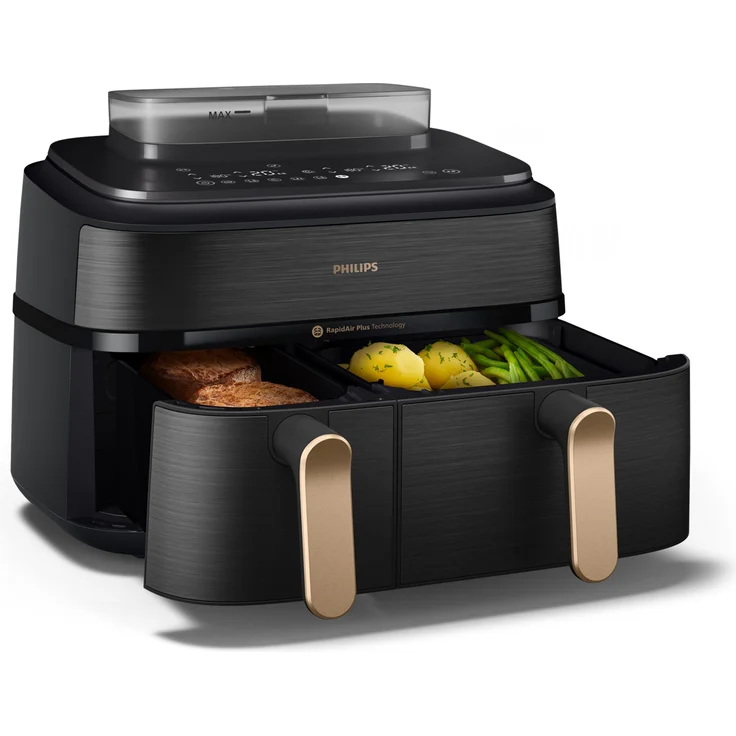 Philips Heißluftfritteuse 5000 Series NA552/00, Dual Basket mit Steam und 9L Kapazität (6L+3L), 2750 W, RapidAir Plus Technologie, Dampfreinigung, HomeID App, Schwarz/Kupfer – Bild 1