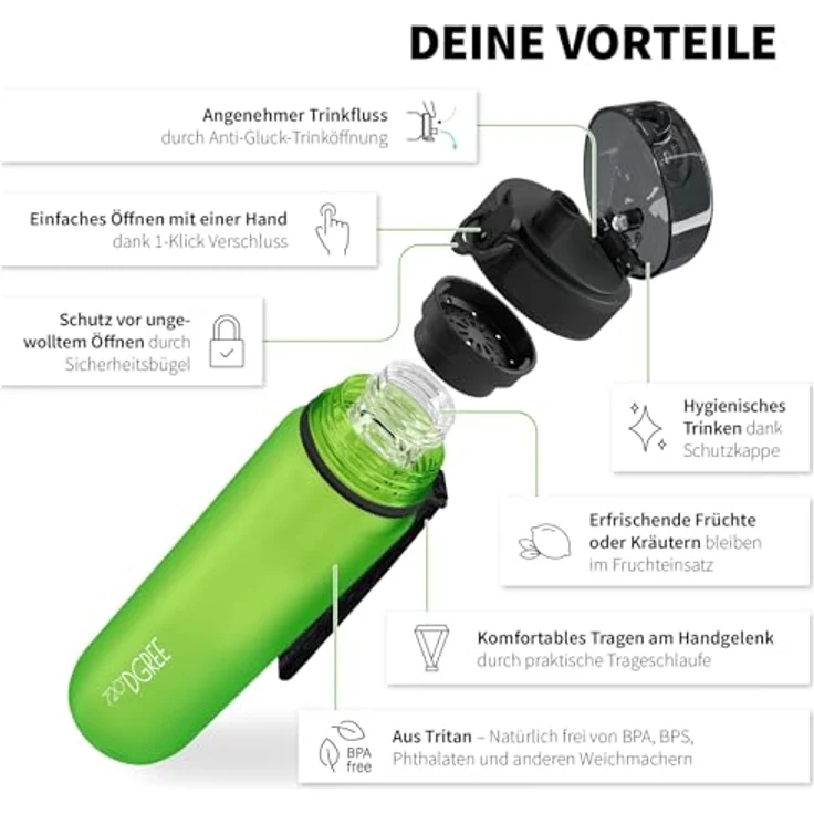 Trinkflasche Wasserflasche Fruchteinsatz 0,65L - BPA-Frei uberBottle 720 DGREE apple green – Bild 2