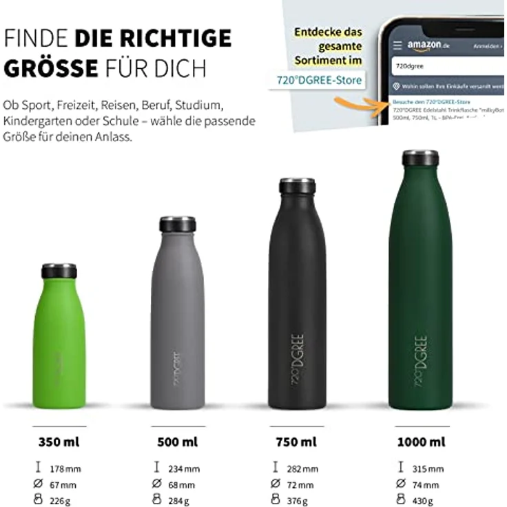 720°DGREE Edelstahl Trinkflasche “milkyBottle” 500ml, BPA-frei, auslaufsicher, für kohlensäurehaltige Getränke, für Kinder, Sport und Schule – Bild 3