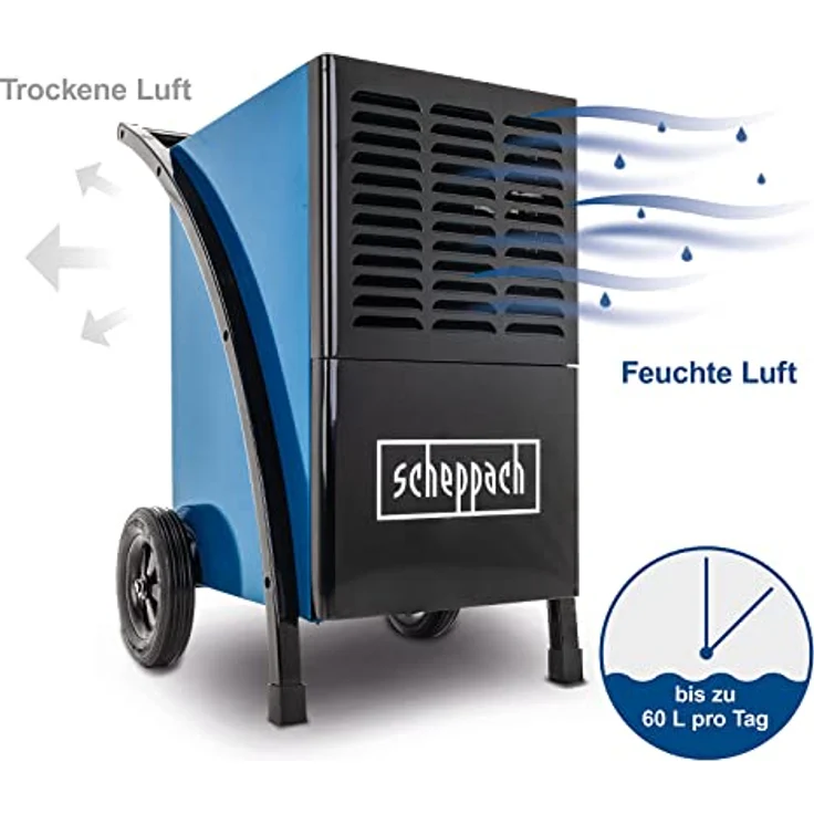 Scheppach Luftentfeuchter DH6100x Bautrockner elektrisch Baustellentrockner | 60L / Tag | Raumgrößen 60-80 m² | 1050W & LCD Display | Auto-Stopp bei vollem Behälter | Raumentfeuchter – Bild 2