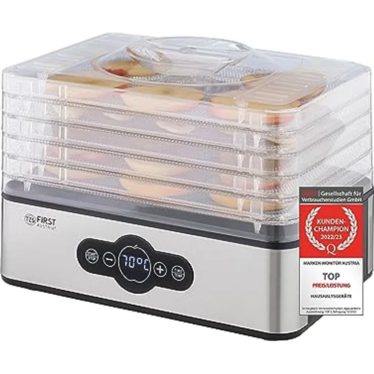 TZS First Austria Dörrautomat | Dörrgerät für Obst, Kräuter, Pilze & Fleisch | digital mit Timer & Temperaturregler 35-70°C | 5 Etagen, Einlageböden aus Edelstahl, Dörrapparat mit Zeitschaltuhr
