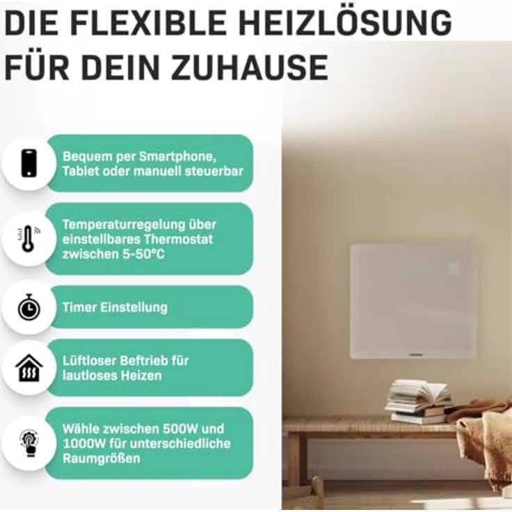 VONROC Glass convector heater 1000W, WiFi-fähig, beige mit LED-Anzeige für Räume bis 12 m² – Bild 3