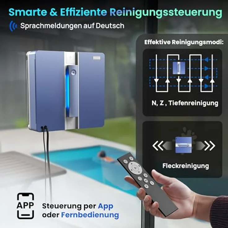 ClevioniQ X9 Pro Elektrischer Fensterputzer mit 4-Wege-Sprühfunktion, Präziser Navigation, Randerkennung und Deutscher Sprachausgabe, Leiser Betrieb – Bild 4