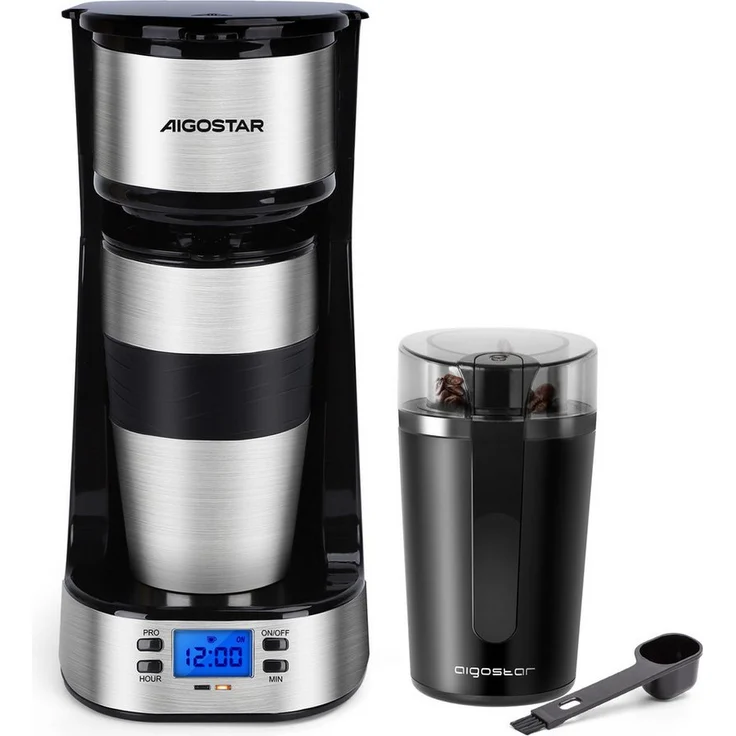 Aigostar Kaffeemaschine mit Mahlwerk und Thermobecher, 24h-Timer, AutoClean-Funktion, kompakt