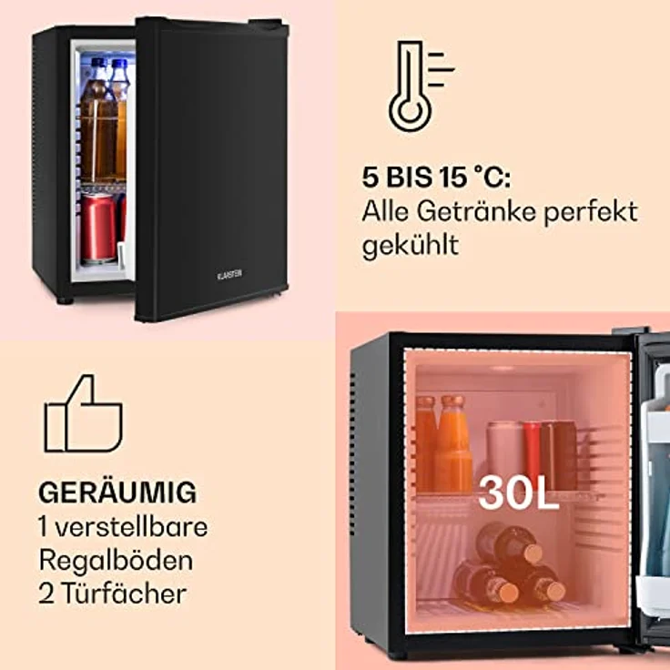 Klarstein Mini Kühlschrank 30L, leiser Skincare Kühlschrank für Getränke & Kosmetik, verstellbare Ablagen, 5-15°C, ideal für kleine Räume – Bild 4
