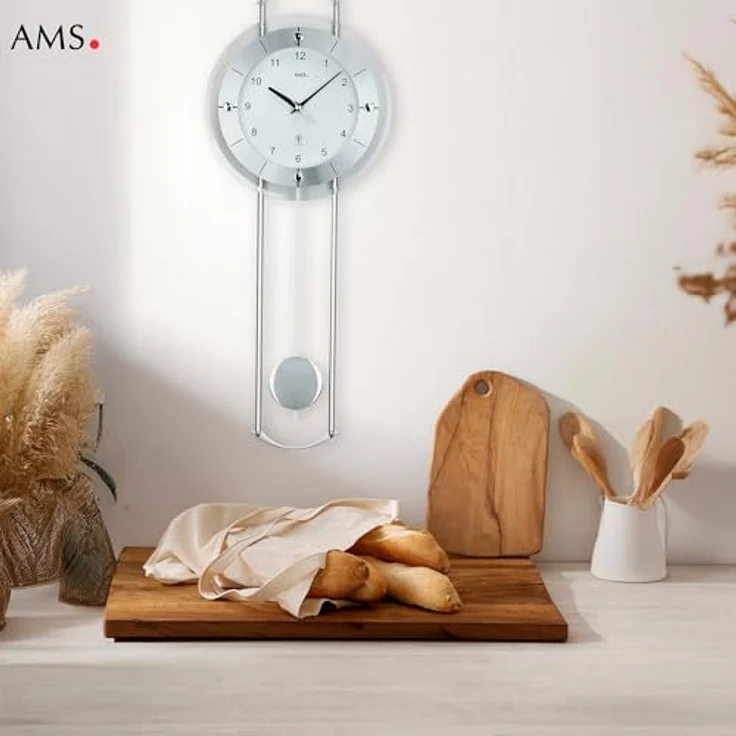 AMS. Pendelwanduhr 5254, Funk, mit silberlackierten Metallstäben, Aluminiumfrontreif und Mineralglas, arabische Ziffern – Bild 7