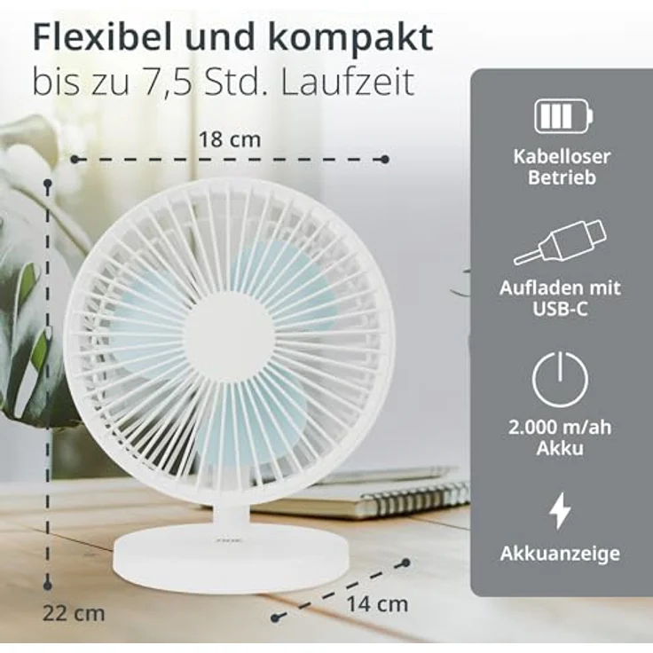 ADE USB Tischventilator, flüsterleise mit 3 Stufen, Akku bis 7,5 h Laufzeit, 2.000 mAh, 90° Neigungswinkel, leicht und flexibel, weiß – Bild 4
