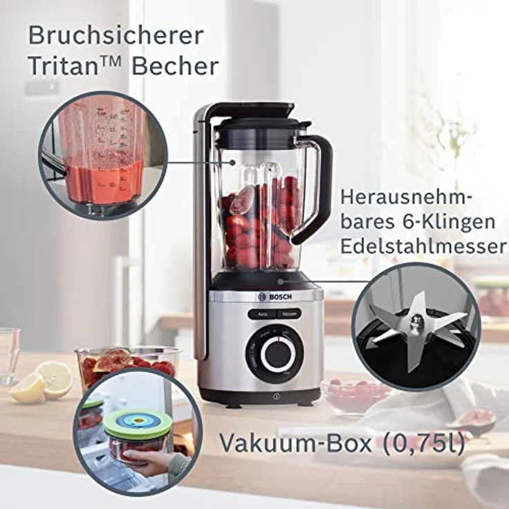 BOSCH MMBV622M VitaMaxx Vakuum-Standmixer (starke Mixleistung, Automatik-Funktion Vakuum+Mixen, Eis-Crusher, Vakuum-Frischhaltedose, 1.000 Watt) silber – Bild 3
