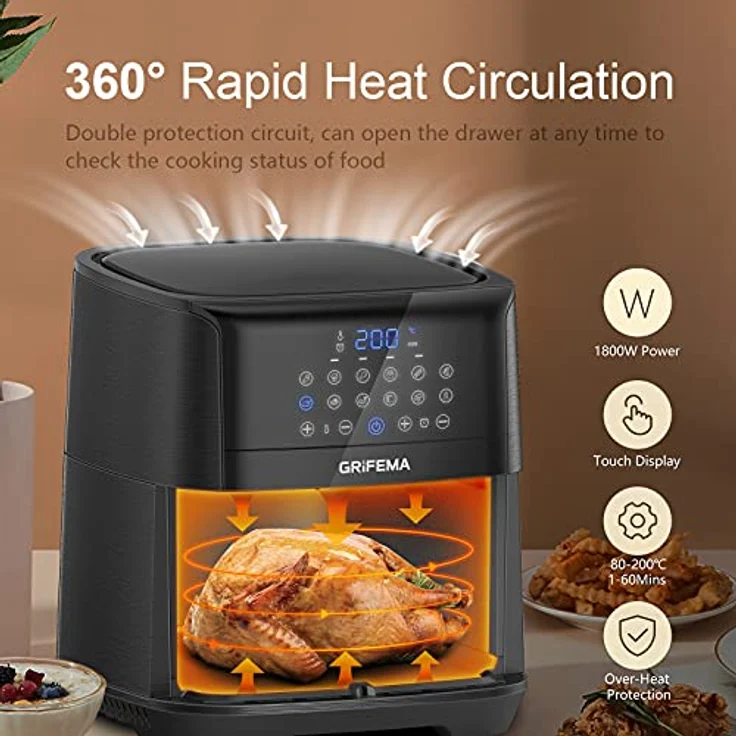 GRIFEMA GC2001, Heißluftfritteuse 6.5L/1800W ohne Öl- Luftfritöse mit Digitalem LED Touchscreen, Friteuse 12 Programmen, Heissluftfriteuse Präziser Temperaturregelung, Airfryer Zeitsseinstellung – Bild 3