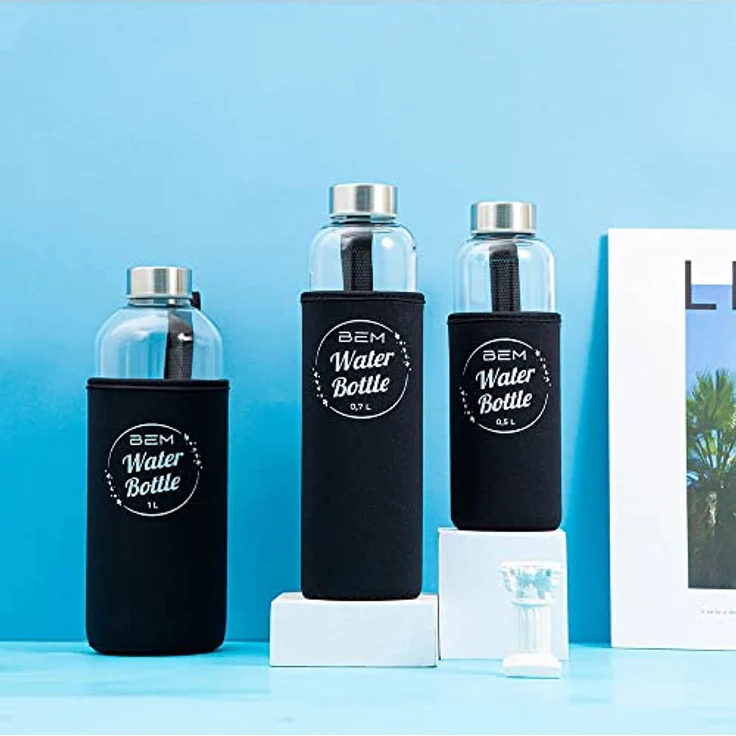 Water Bottle - Trinkflasche aus Glas mit Edelstahldeckel, 500ml, Spülmaschinenfest, Stoßfest, Silikonhülle, Borosilikatglas, robust – Bild 4