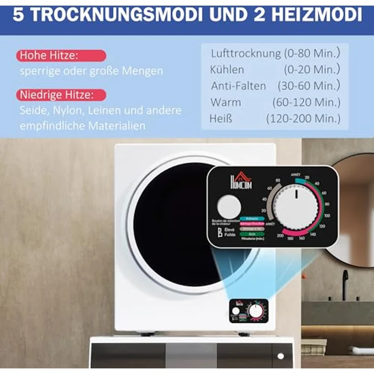 HOMCOM Waschtrockner B61-007V90WT, 2.5 kg, Kompakt, 4 Trockenprogramme, Wandmontage, weiß – Bild 3