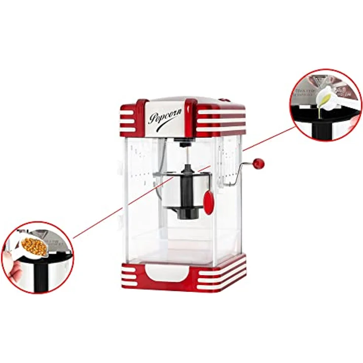 Stagecaptain PCM-300 Popcorn Maschine - Retro-Design - Kurze Aufheizzeit - Mit Dosierlöffeln - Problemlose Reinigung - Dekorative Innenbeleuchtung - Rot/Weiß – Bild 4