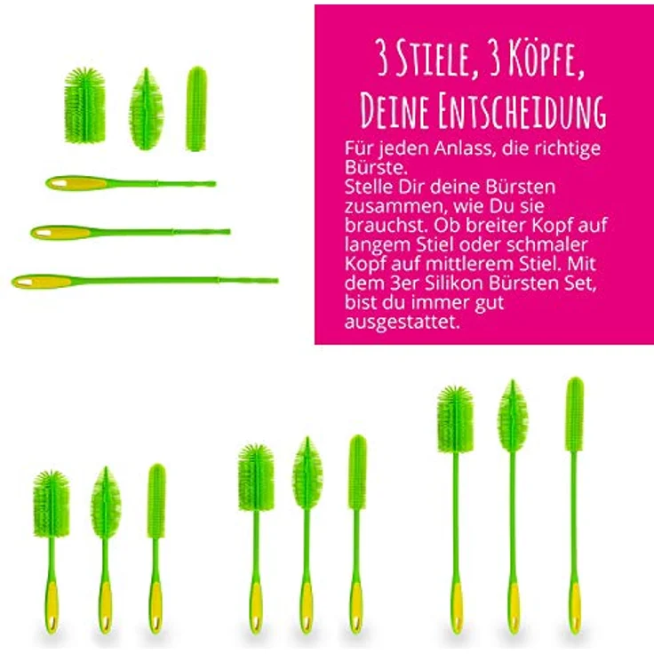 Kochblume Silikonbürsten 3er Set mit Wechselköpfen | Flaschenbürste, Spülbürste, Antibakteriell, Keimfrei (anthrazit) – Bild 5