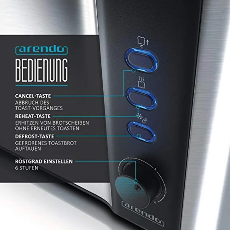 Arendo Edelstahl Toaster Langschlitz 4 Scheiben - Defrost Funktion - wärmeisolierendes Gehäuse - mit integrierten Brötchenaufsatz - 1500W - Krümelschublade - Display mit Restzeitanzeige - silber – Bild 4