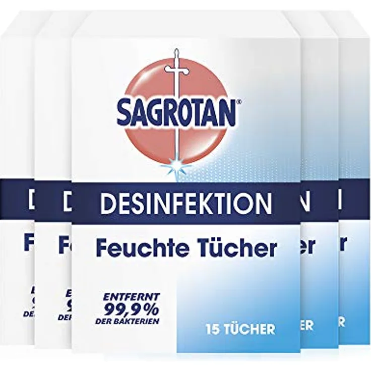 Sagrotan Feuchte Tücher zur Desinfektion – In praktischer Reisegröße für die schnelle hygienische Reinigung unterwegs – 5 x 15 Feuchttücher, einzeln verpackt
