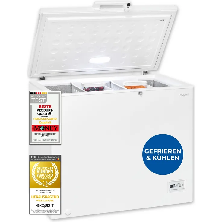 Exquisit GT250-HE-040D, Gefriertruhe 246 Liter, 2-in-1 Kombigerät, 4-Sterne-Gefrieren, Toplader, weiß