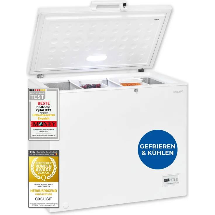 Exquisit GT250-HE-040D, Gefriertruhe 246 Liter, 2-in-1 Kombigerät, 4-Sterne-Gefrieren, Toplader, weiß
