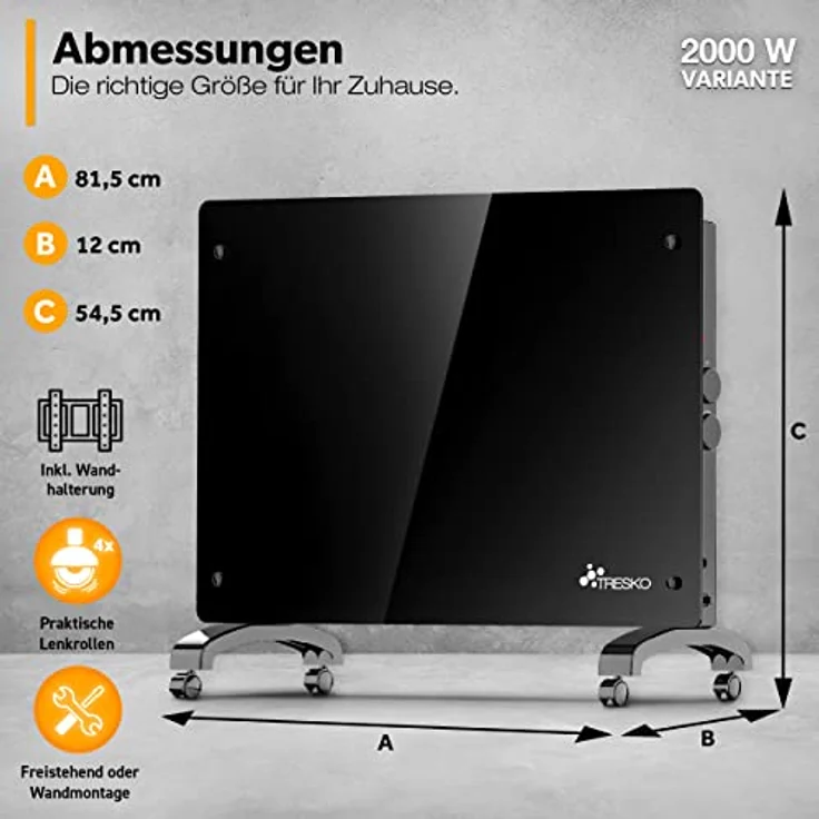 TRESKO Elektroheizung Schwarz 2000W Glaskonvektor Konvektor Wand Heizung Glas Heizkörper Bad, Konvektor – Bild 3