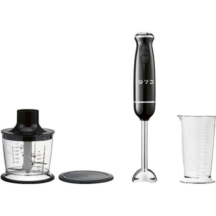 Silvercrest Stabmixer Retro 1973 SSMSR 600 A1, 4-teilig, schwarz, 600 Watt, stufenlos einstellbare Geschwindigkeit, Edelstahl-Mixfuß, Multizerkleinerer 500 ml, spülmaschinengeeignet