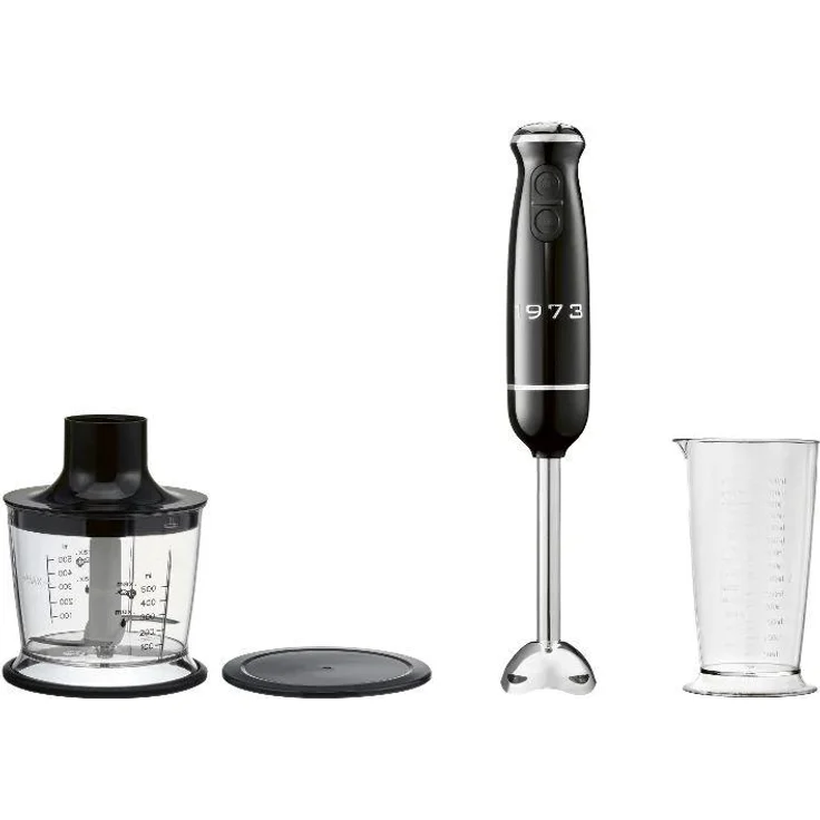 Silvercrest Stabmixer Retro 1973 SSMSR 600 A1, 4-teilig, schwarz, 600 Watt, stufenlos einstellbare Geschwindigkeit, Edelstahl-Mixfuß, Multizerkleinerer 500 ml, spülmaschinengeeignet