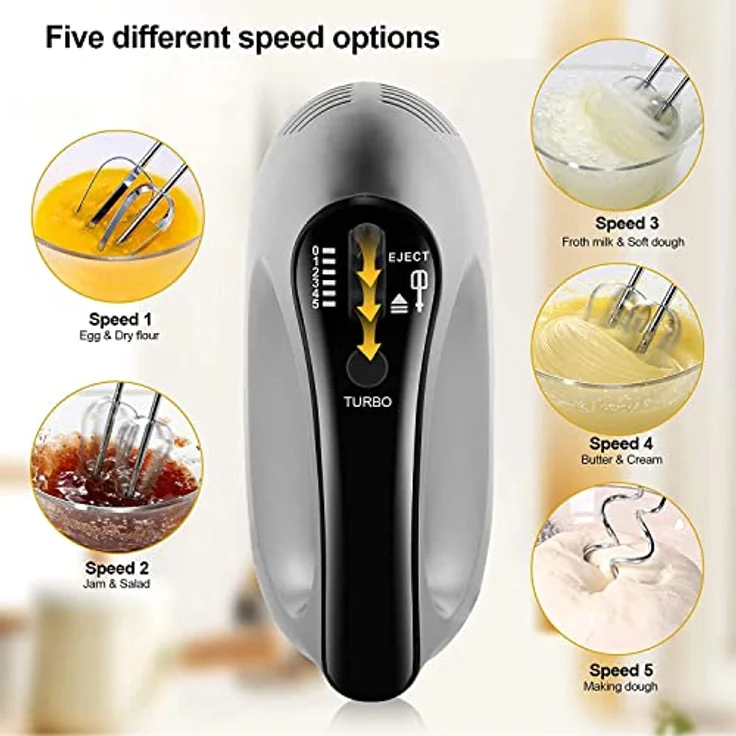 NWOUIIAY Handmixer Elektrisch 500W Handrührer 5 Drehzahl Turbinenfunktion mit 2 Mixer, 2 Haken, 2 Schneebesen - Einfaches Schlagen von Teig, Edelstahl, Schwarz – Bild 3