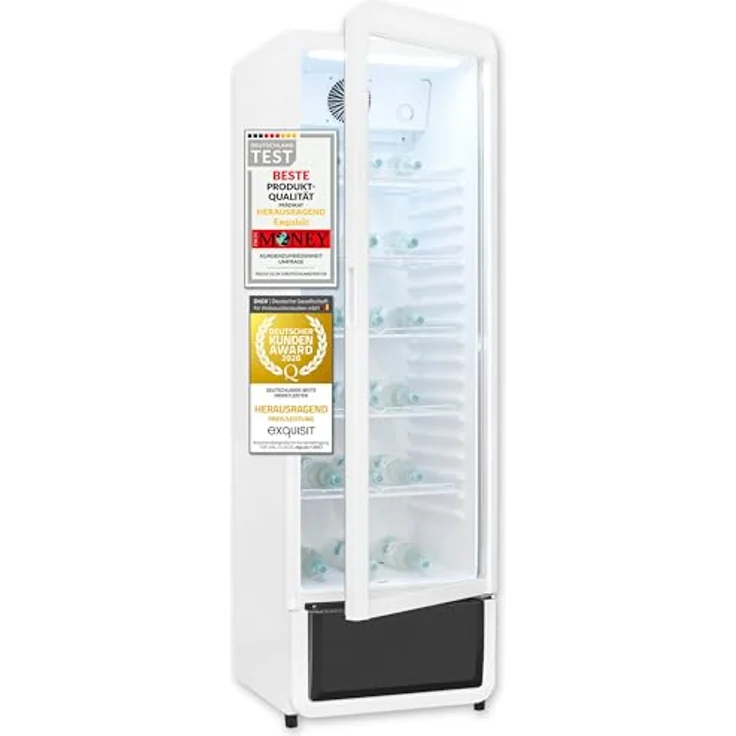 Exquisit GKS5260-GT-431D, Glastürkühlschrank mit 280l Volumen, 173 cm Höhe, Umluft, 5 verstellbare Ablagen, LED-Beleuchtung, weiß – Bild 1