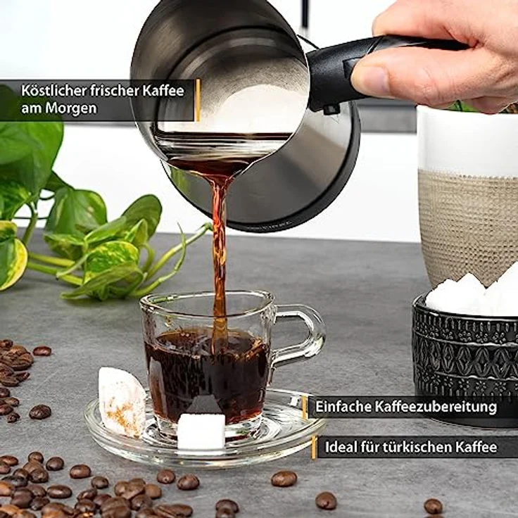 TZS FIRST AUSTRIA Kaffeebereiter, Edelstahl Mokkakocher mit 800W Leistung, 300ml, 360° drehbare Basisstation, klappbarer Griff, auch als Wasserkocher verwendbar – Bild 2