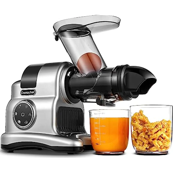 AMZCHEF Entsafter mit 80MM Großer Einfüllschacht - 150W Entsafter Slow Juicer mit 2 Geschwindigkeitsmodi und Rücklauffunktion - Entsafter für Ganze Gemüse und Obst Testsieger - Silber – Bild 1