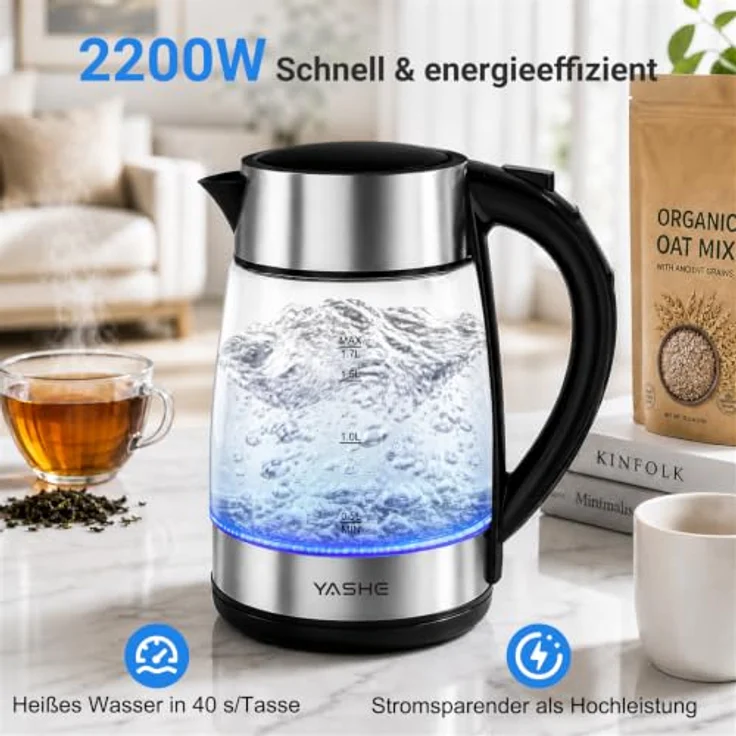 YASHE Wasserkocher mit Temperatureinstellung, 1,7L, 2200W, Glas, 5-Farben LED-Beleuchtung, kabellos, Warmhaltefunktion – Bild 5