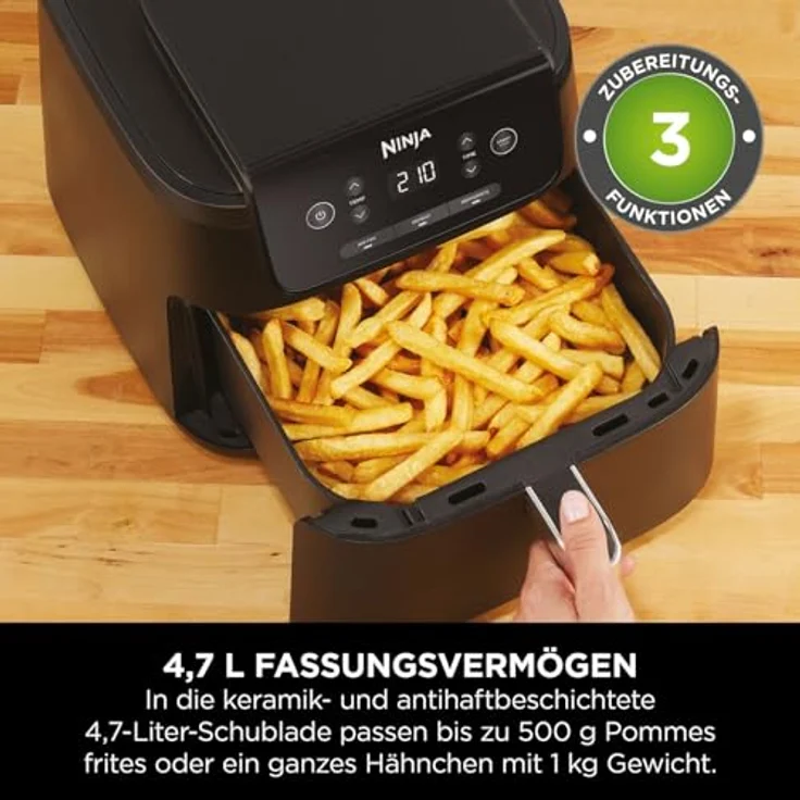 Ninja AF110EU Heißluftfritteuse 4,7L, 3-in-1 mit AirCrisp-Technologie, 2000W, Schwarz, für 1-2 Portionen – Bild 2