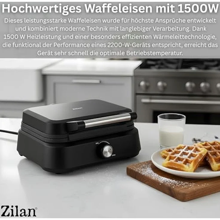 Zilan Waffeleisen Belgische Waffel doppelt, XXL Platten 1500 Watt, Temperaturregelung 95°C-205°C, Antihaftbeschichtung, Matt Schwarz, Cool-Touch-Technologie, Überlaufkanal – Bild 2