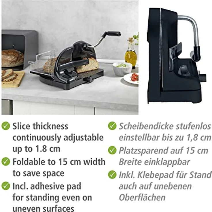 WENKO Brotschneidemaschine Schwarz, Schneidemaschine für Brot aus Kunststoff mit Edelstahlmesser, Führungsschlitten mit Restehalter und Fingerschutz, fester Stand durch Saugnapf, 31 x 20 x 29 cm – Bild 3