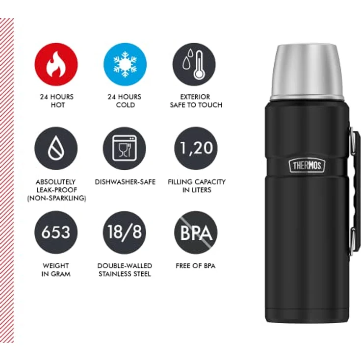 THERMOS 4003.232.120 Thermosflasche Stainless King, Edelstahl Mat Black 1,2 l, Drehverschluss, 24 Stunden heiß, 24 Stunden kalt, BPA-Free – Bild 5