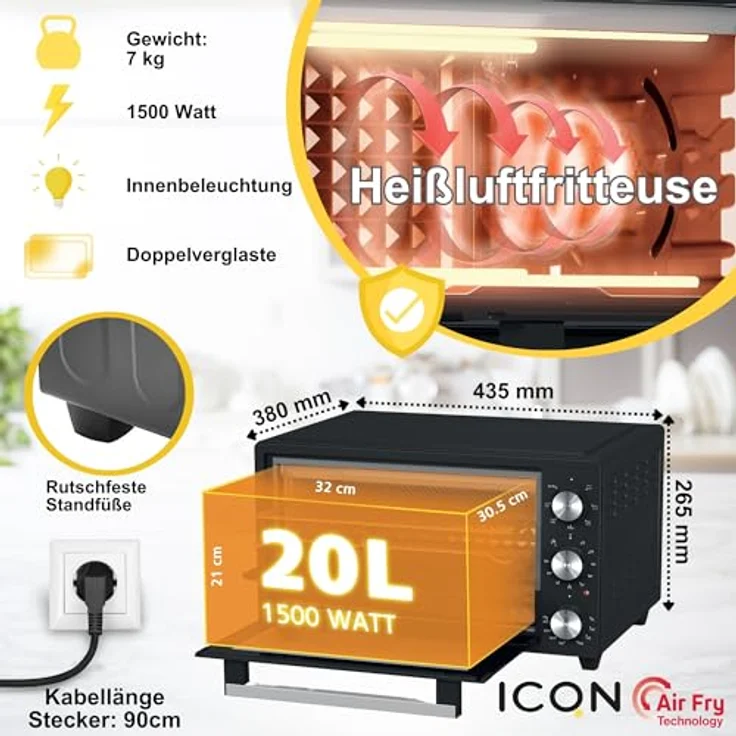 ICQN 20 Liter Minibackofen mit Airfry, Heißluftfritteuse, Ober-Unterhitze mit Umluft-Funktion, 5 Grill-Funktion, 90 Min. Timer, 1500 W, Mini Oven, 80°-250°C, Frittierkorb-Backblech-Grill-Krümelblech – Bild 2