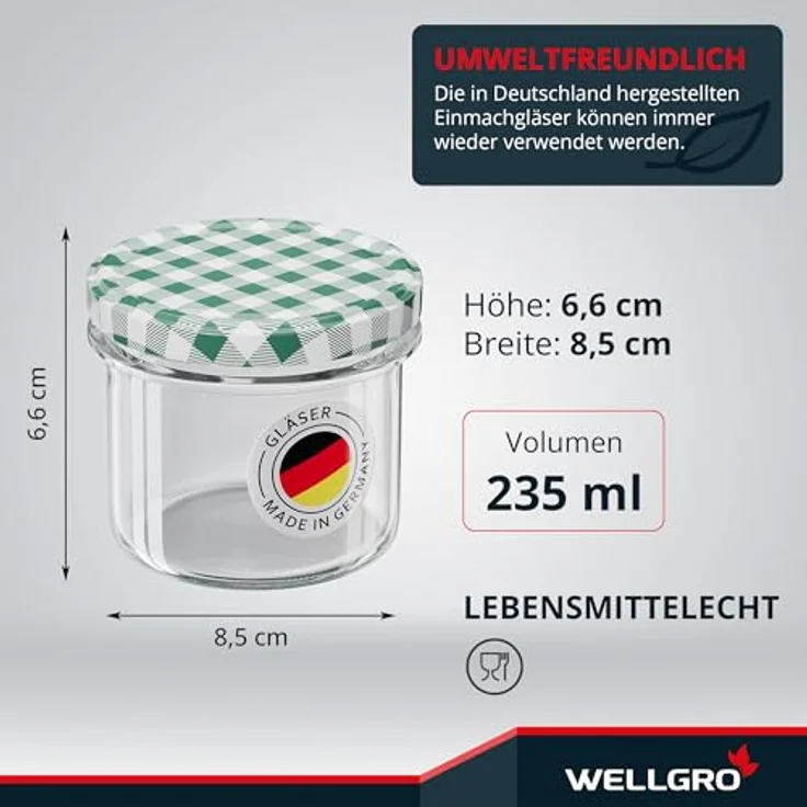 WELLGRO 6x Einmachgläser mit Schraubdeckel, 235ml, Deckel To 82 grün kariert, Made in Germany, Vorratsgläser, Gärglas, Dessertgläser – Bild 2