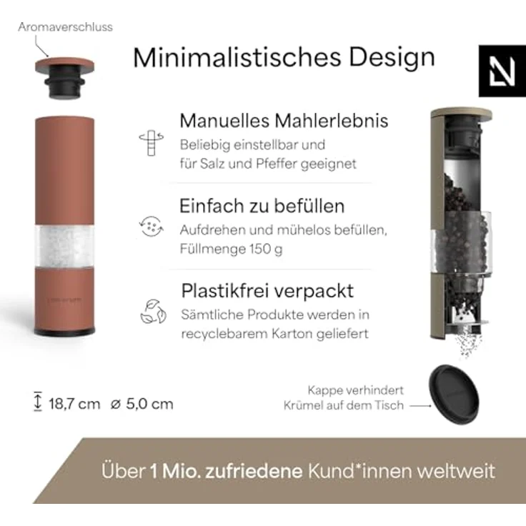 LARS NYSØM Salz und Pfeffermühle Set „Lagom“, manuell mit einstellbarem Keramikmahlwerk, Edelstahl, 2 Stück, Rot/Braun – Bild 4