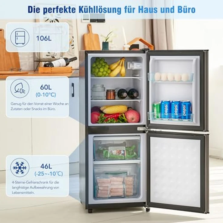 Merax 106L Zweizonen-Energiesparkühlschrank, 60L Kühlschrank + 46L 4-Sterne-Gefrierschrank, 7 Temperatureinstellungen, grau-silber gebürstet, LED-Beleuchtung, verstellbare Einlegeböden – Bild 5