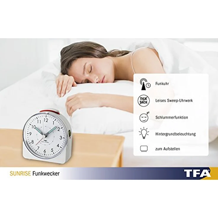 TFA Dostmann Analoger Funk-Wecker Sunrise, 60.1513.02, leises Uhrwerk, Weckalarm mit Snooze-Funktion, weiß – Bild 3