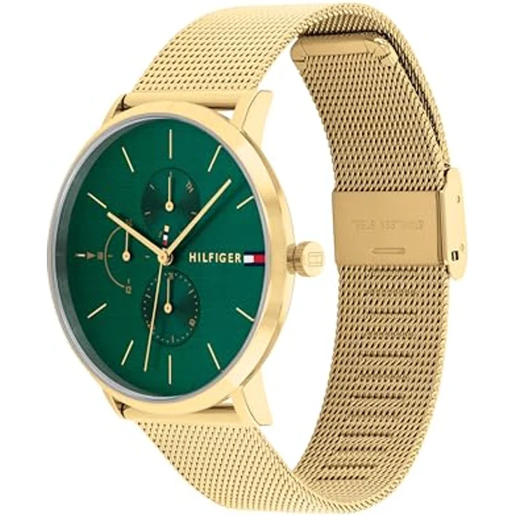 Tommy Hilfiger Damen Multifunktions-Quarz-Uhr mit smaragdgrünem Zifferblatt, 3 Hilfszifferblätter, wasserdicht bis 3ATM, 316L Edelstahl-Mesh-Armband mit Gelbgold-Ionenplattierung – Bild 2