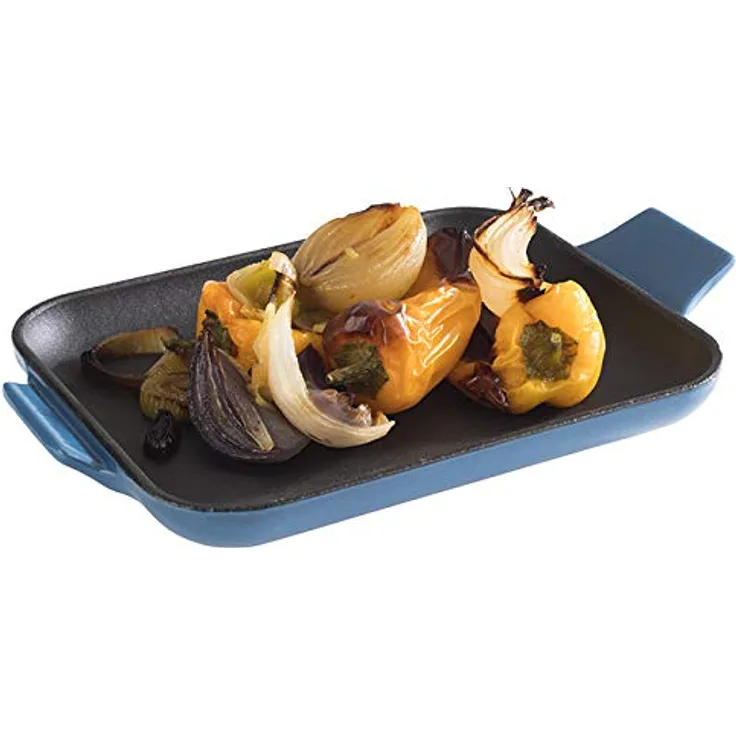 APS Servierpfännchen „Cast Iron“ - Mini Gusseisen-Pfanne, Gusseisen emailliert, eckig, B x T x H: 16 cm x 13 cm x 2 cm, stapelbar, Backofen geeignet, Schale, Blau