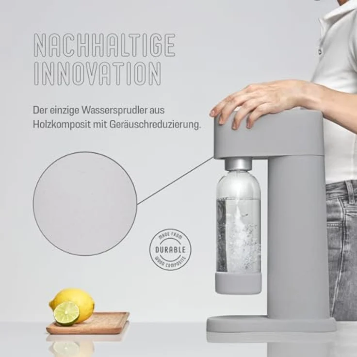 Mysoda Woody Set, Wassersprudler aus erneuerbarem Holzkomposit mit 1L Quick-Lock BPA-freier Plastikflasche und CO2-Zylinder, grau – Bild 5