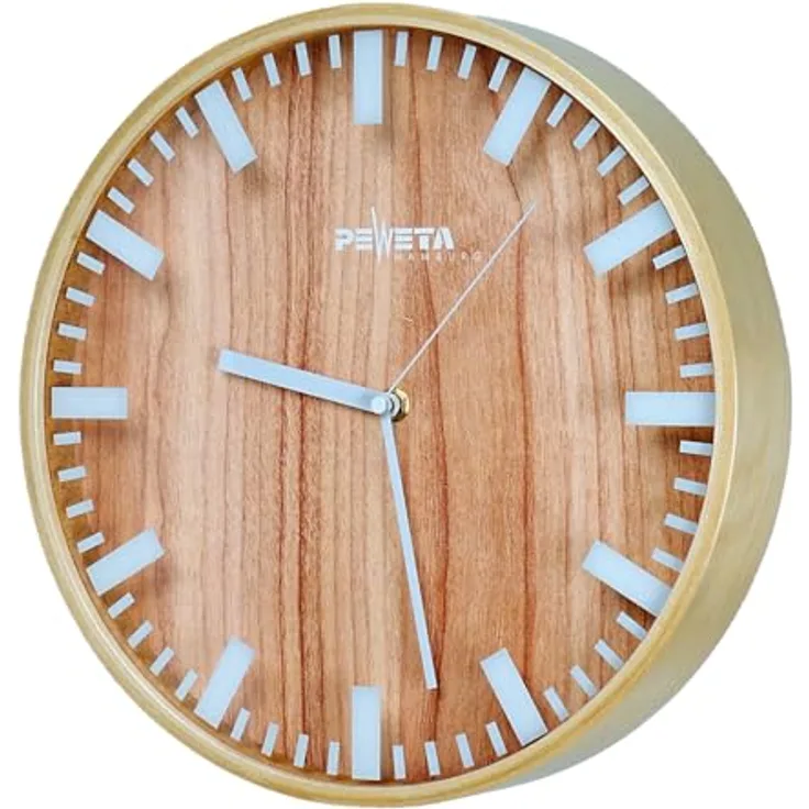 Peweta Funk-Wanduhr Wood, weiße und braune Holzoptik, Ø 30 cm, geräuschloser Sekundenzeiger