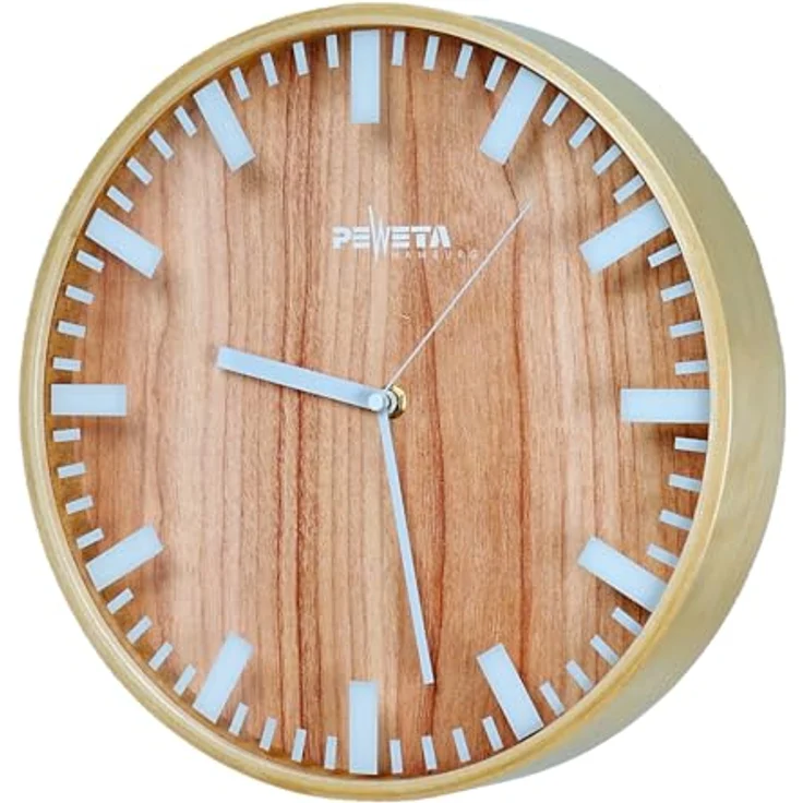 Peweta Funk-Wanduhr Wood, weiße und braune Holzoptik, Ø 30 cm, geräuschloser Sekundenzeiger – Bild 1